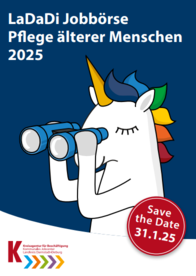 Ein Einhorn, das durch ein Fernglas sieht. Es weißt auf die LaDaDi Jobbörse 2025 (Pflege älterer Menschen) am 31.01.2025 hin.